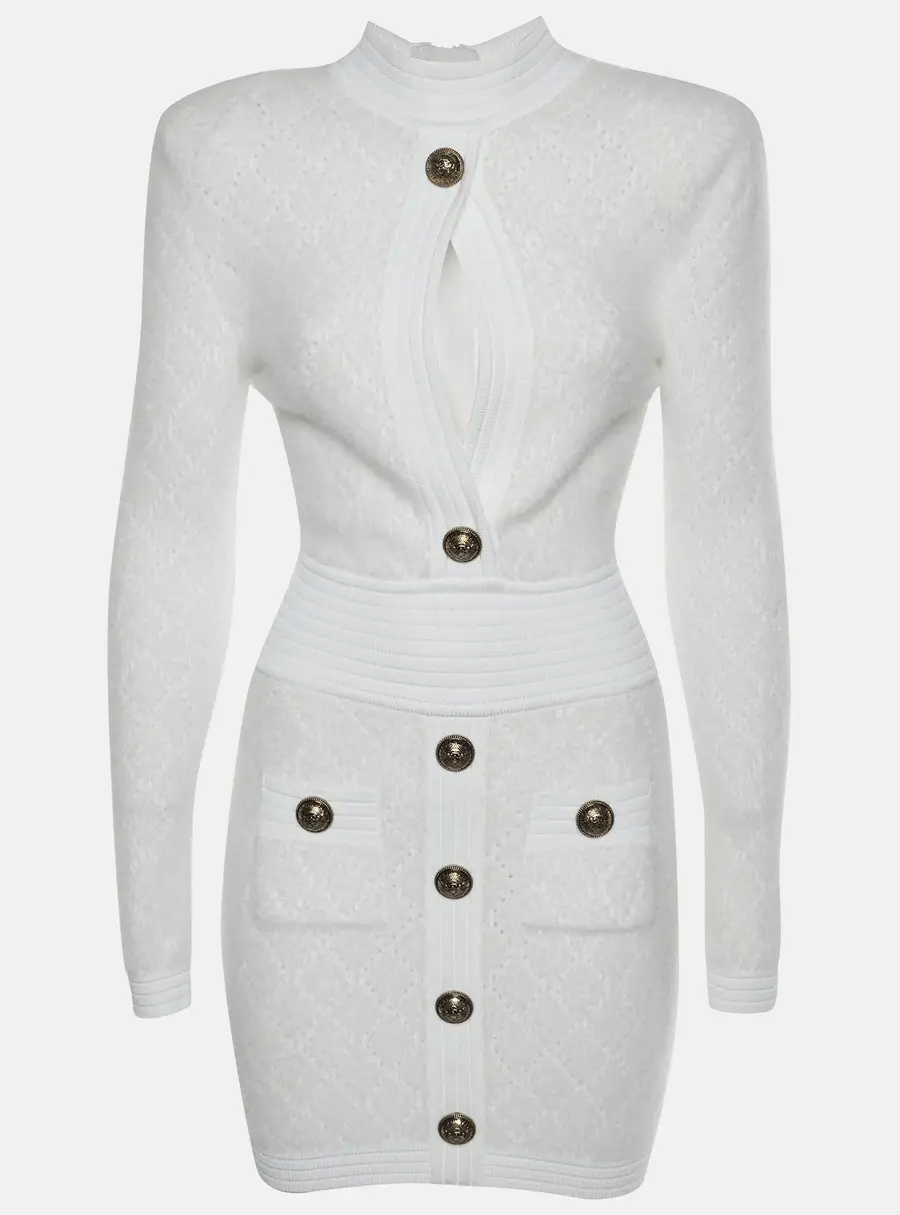 Balmain White Knit Mohair Blend Bodycon Mini Dress S
