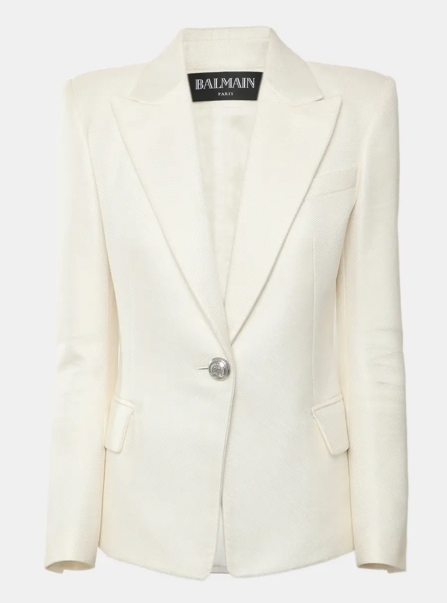 Balmain White Cotton and Silk Woven Single Breasted Blazer S