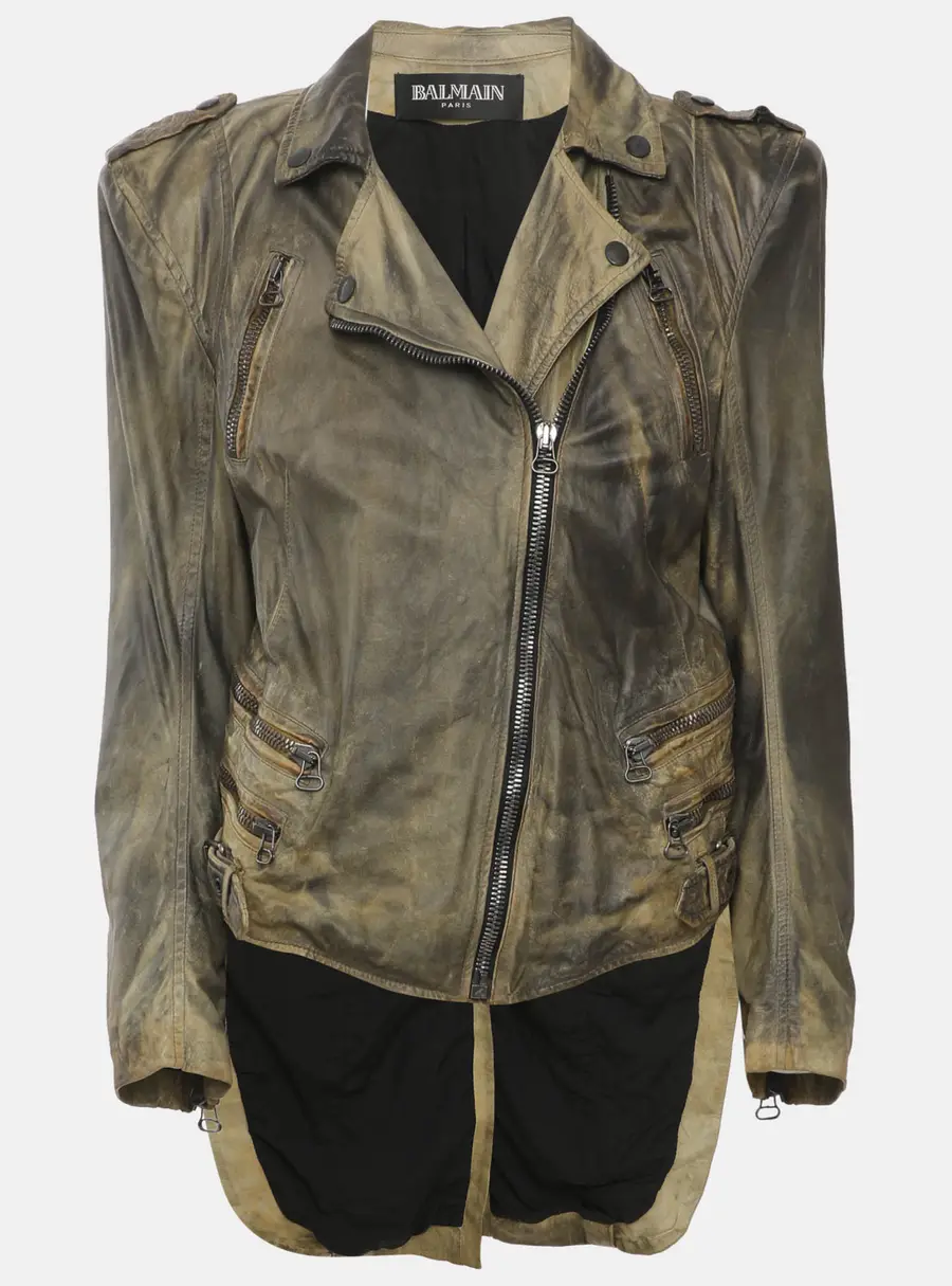 Balmain Green Leather Biker Jacket S