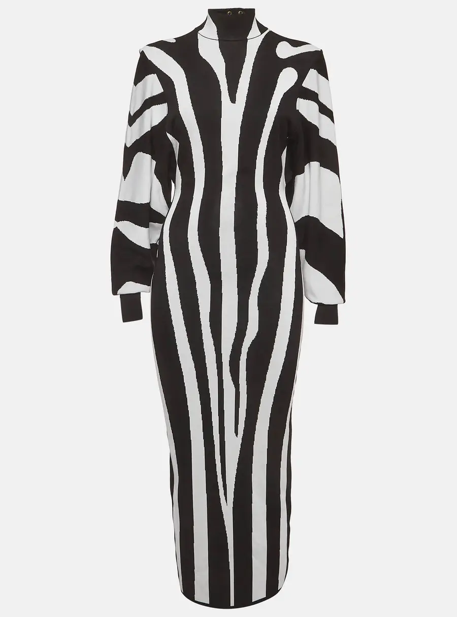 Balmain White/Black Zebra Intarsia Knit High Neck Midi Dress S