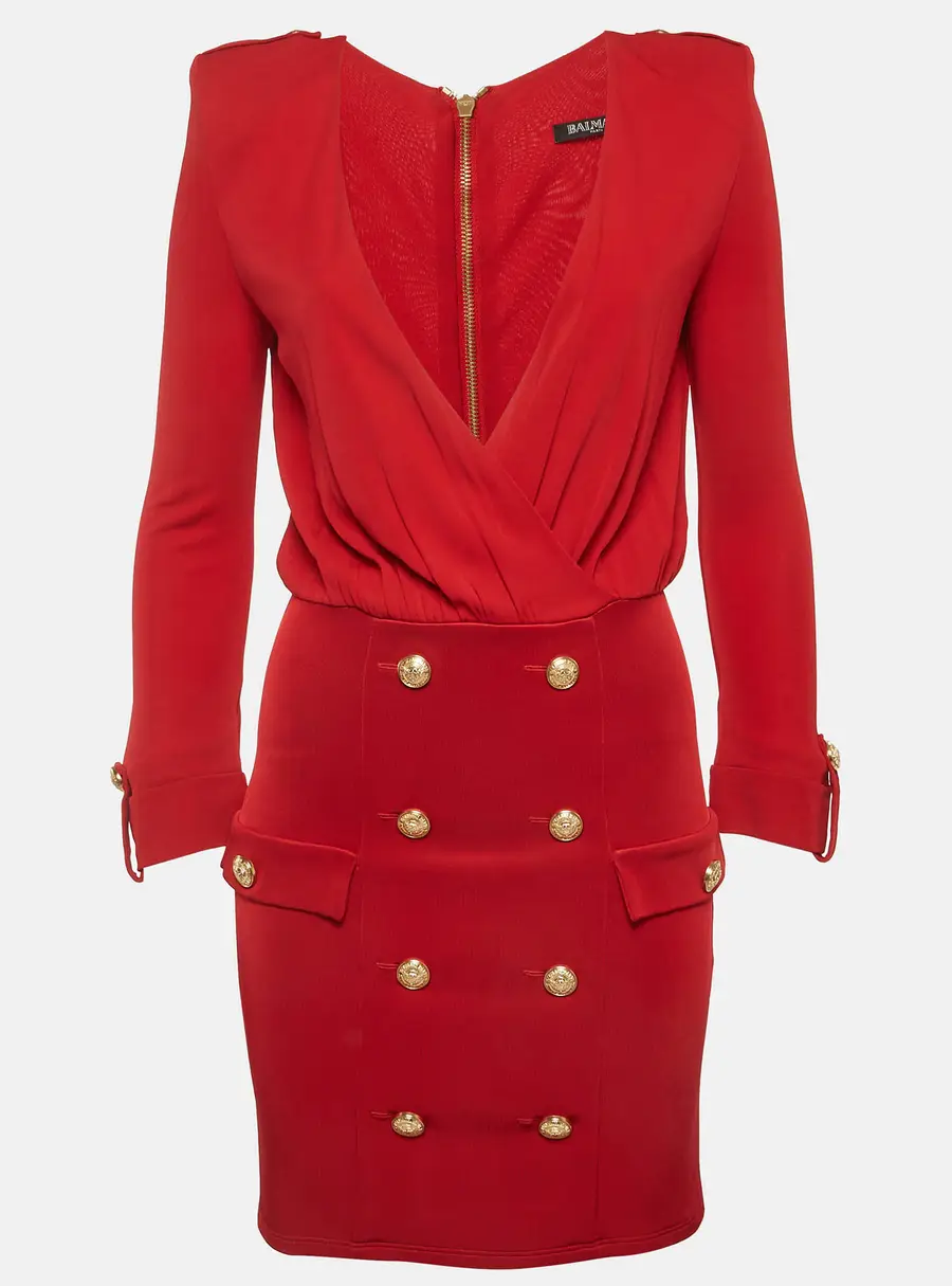 Balmain Red Jersey Plunge Neck Mini Dress M
