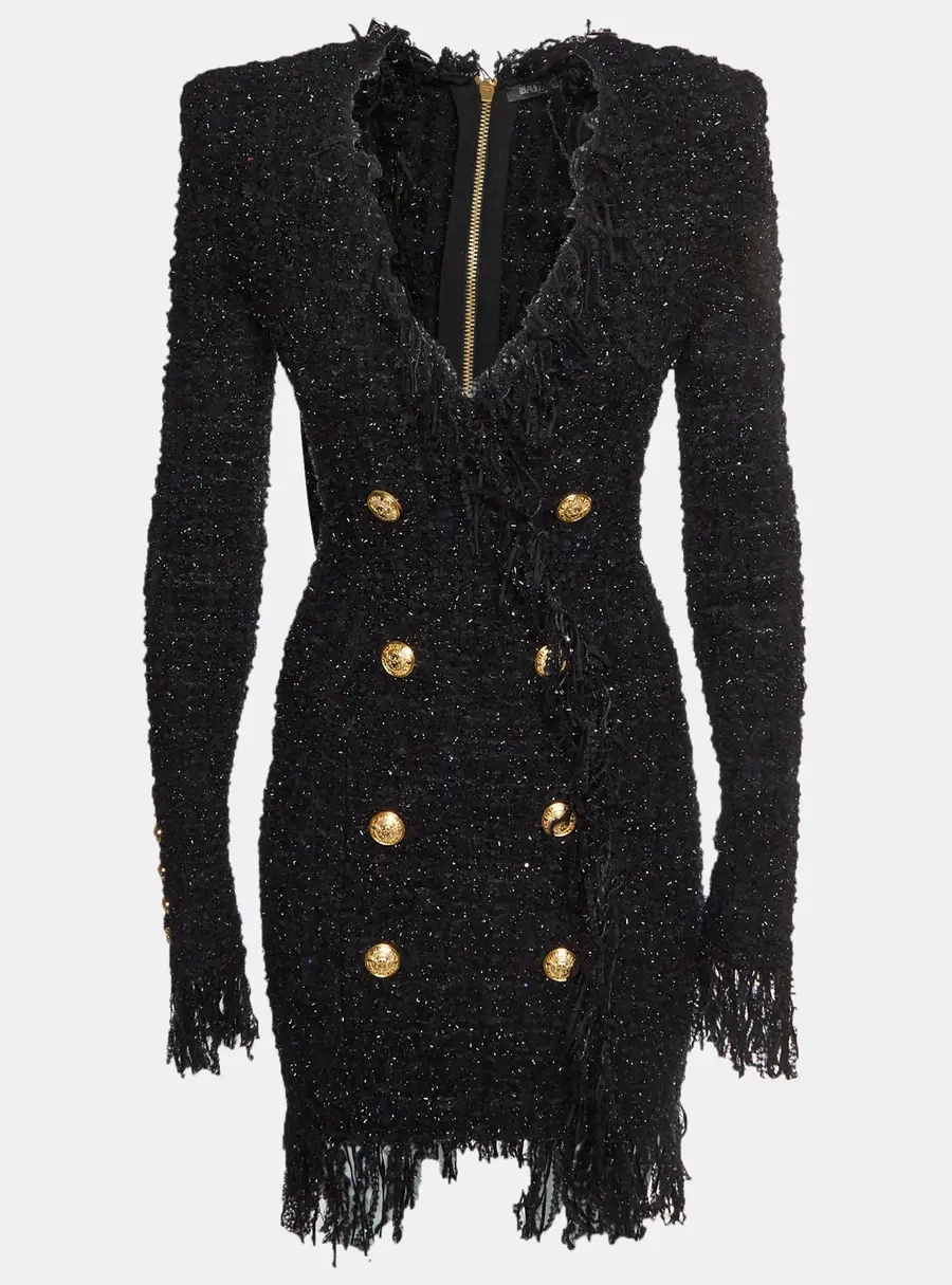 Balmain Black Metallic Boucl&eacute; Tweed Fringed Mini Dress S