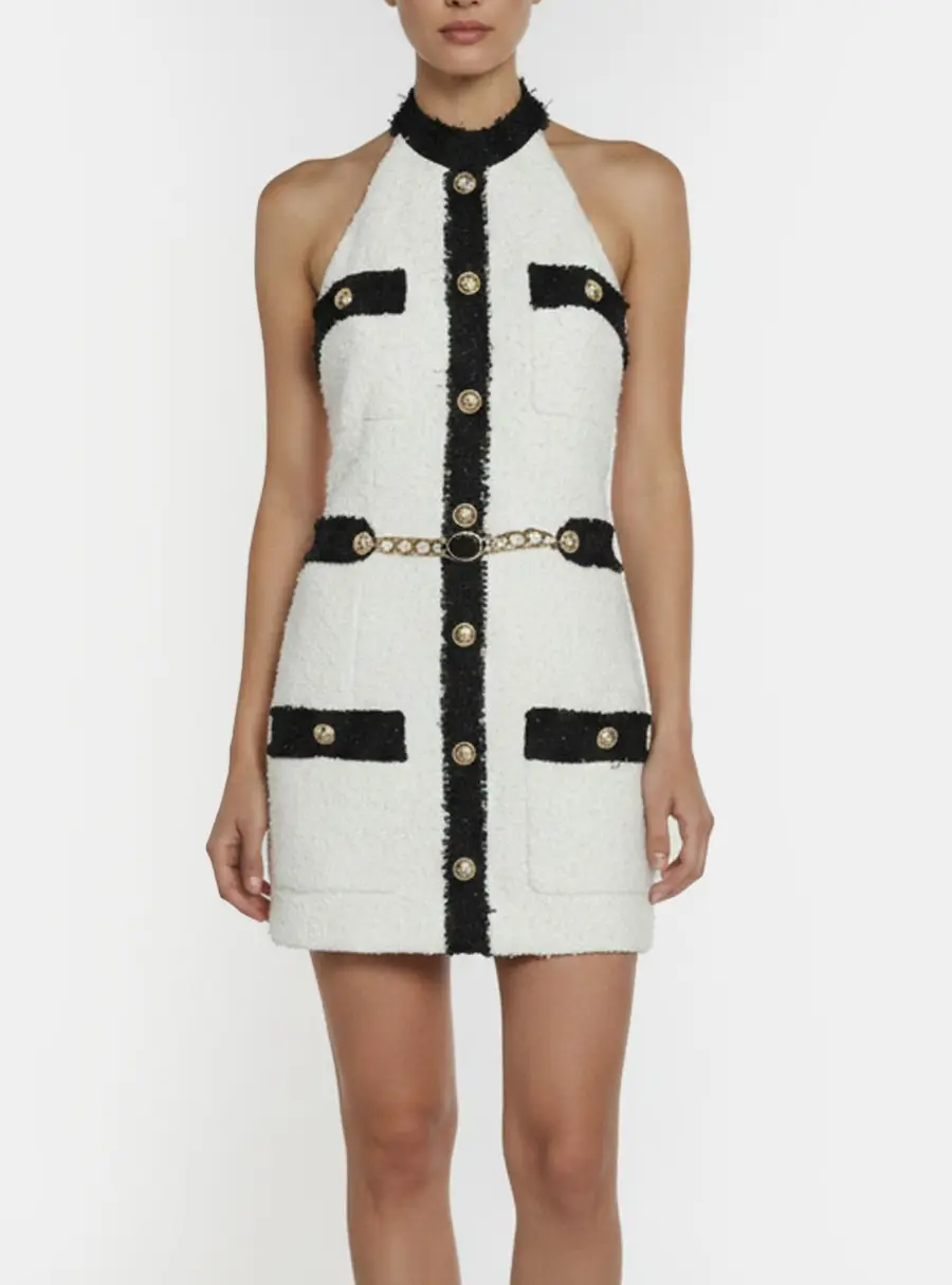 Balmain White Tweed Halter Neck Mini Dress S