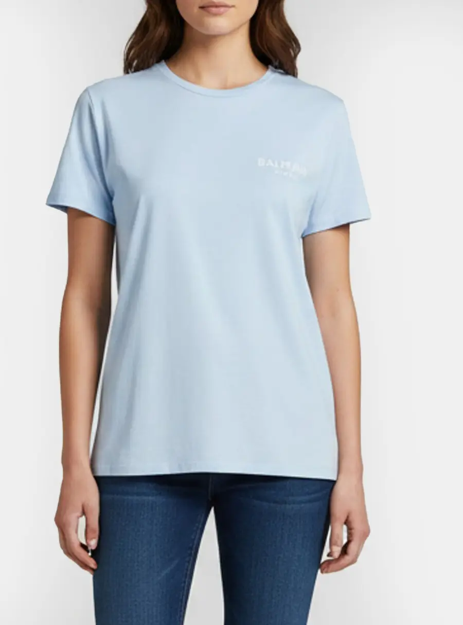 Balmain Sky Blue Logo Printed Cotton Half Sleeve T-Shirt M