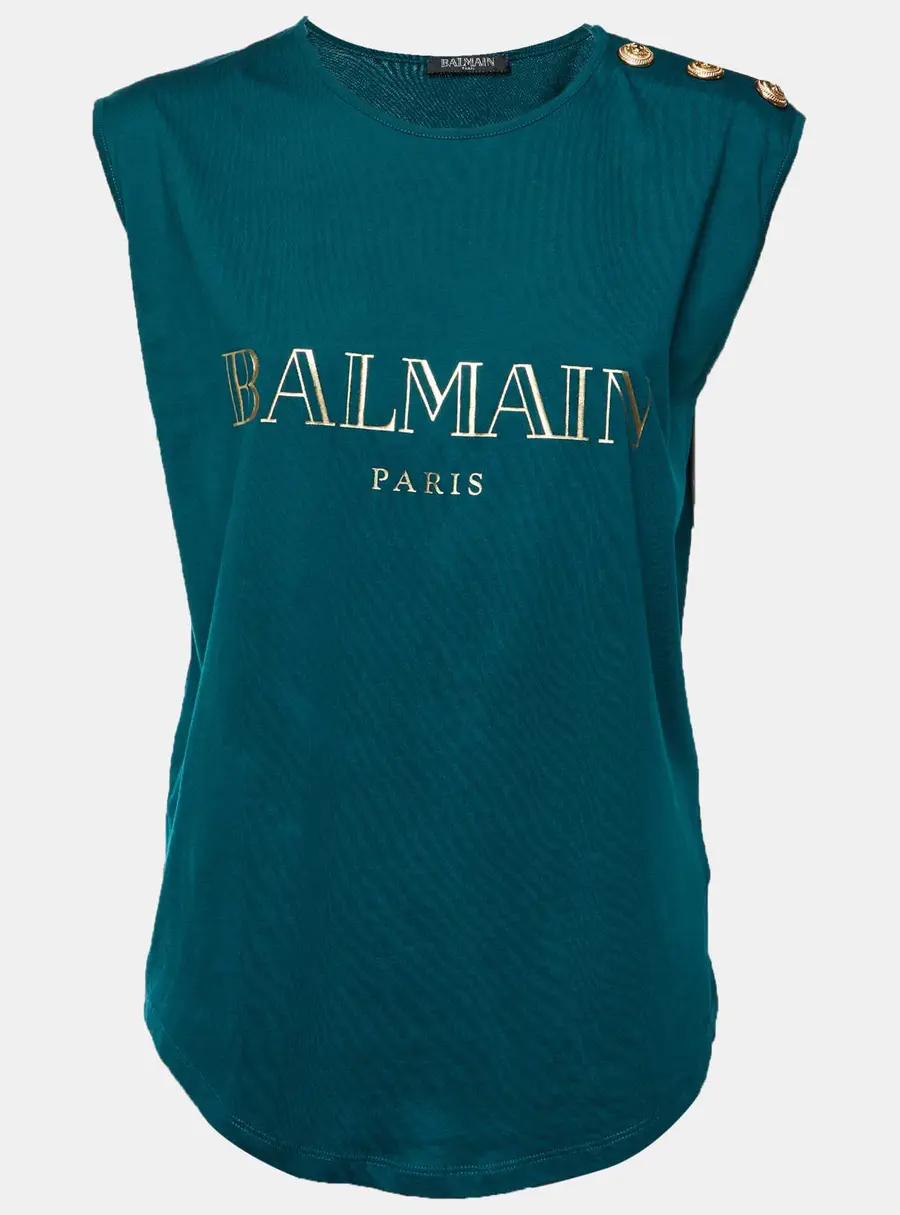 Balmain Green Logo Print Jersey Button Detail Sleeveless T-Shirt M