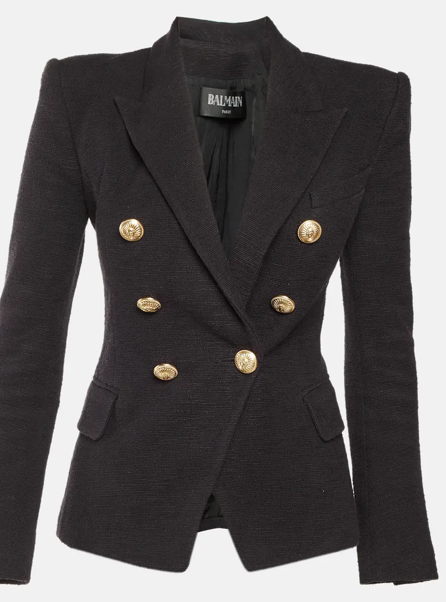 Balmain Black Tweed Double Breasted Blazer S