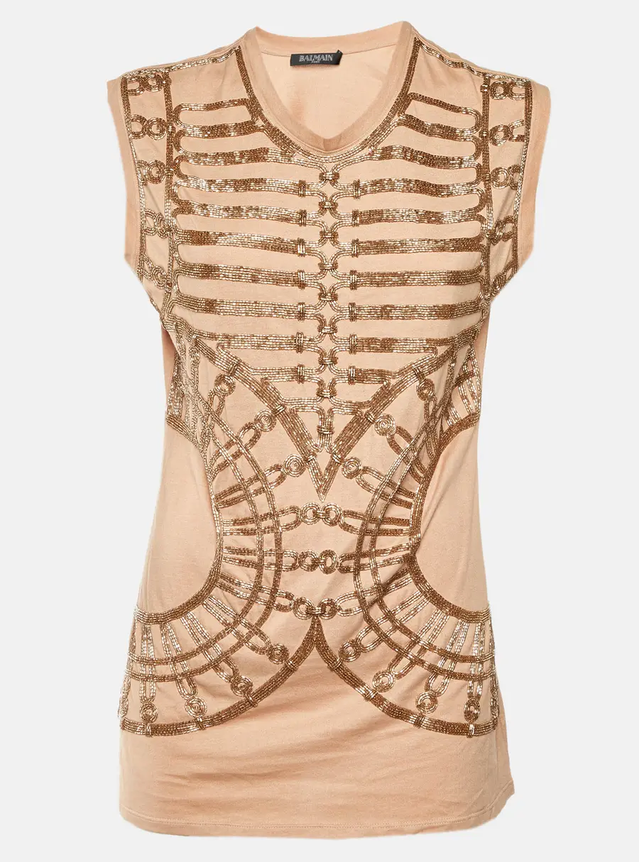 Balmain Tan Bead Embellished Jersey Sleeveless Top L