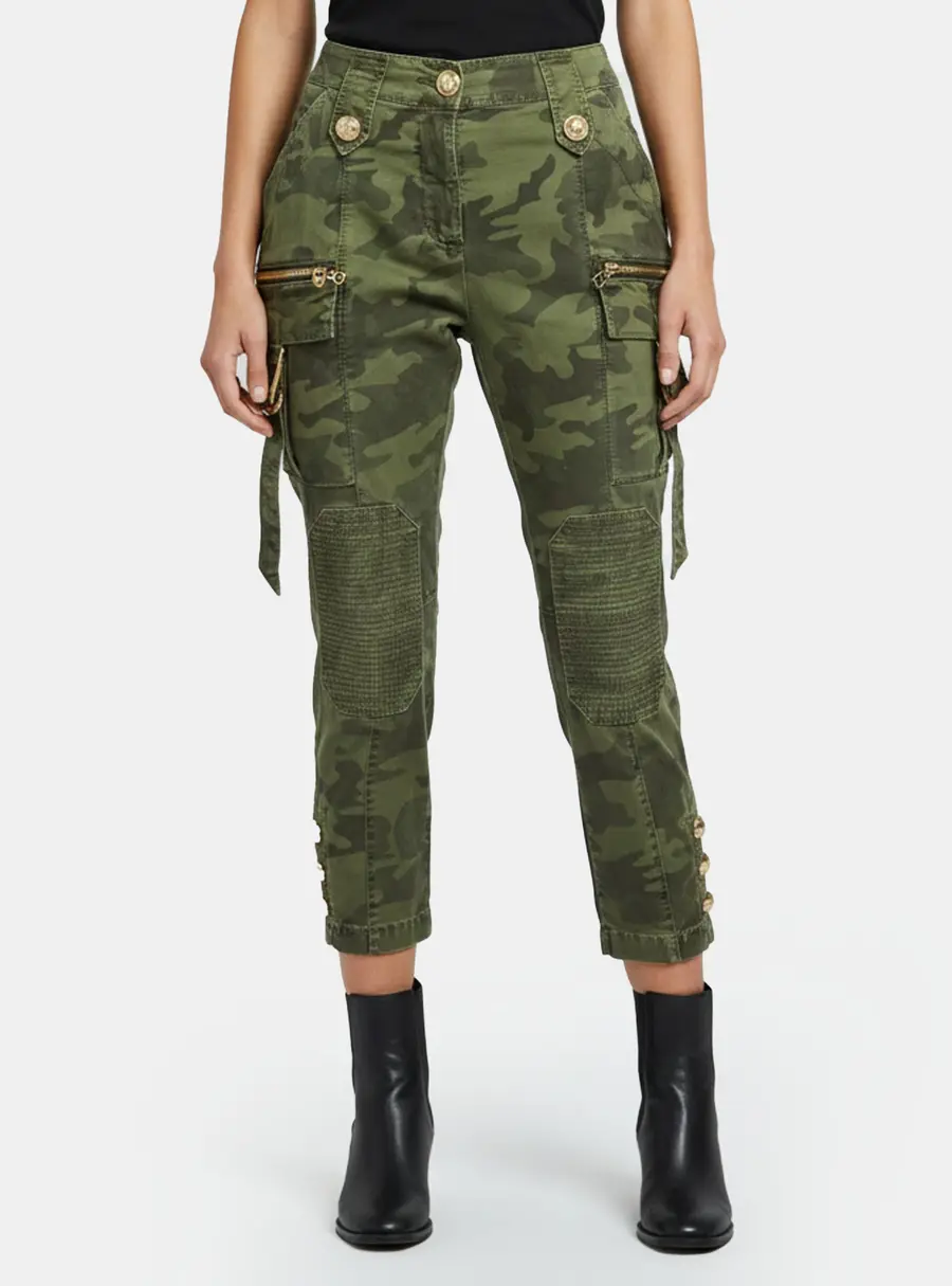 Balmain Green Camo Print Cotton Cargo Biker Trousers M