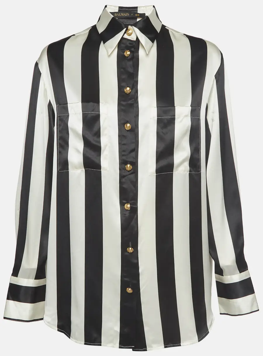 Balmain X H&M White/Black Striped Satin Button Up Shirt M