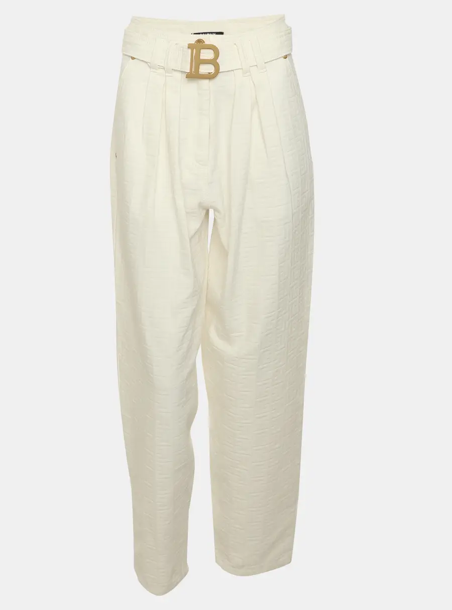 Balmain White Jacquard Belted Pants S