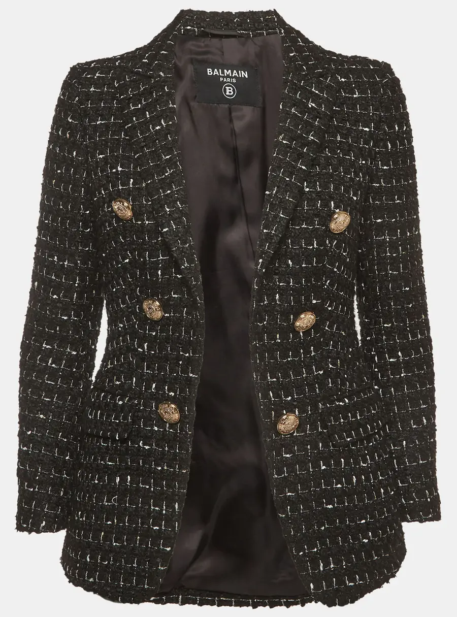 Balmain Black Checked Tweed Double Breasted Blazer S