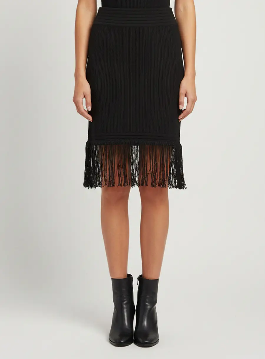 Balmain Black Rib Knit Fringed High-Waist Mini Skirt S