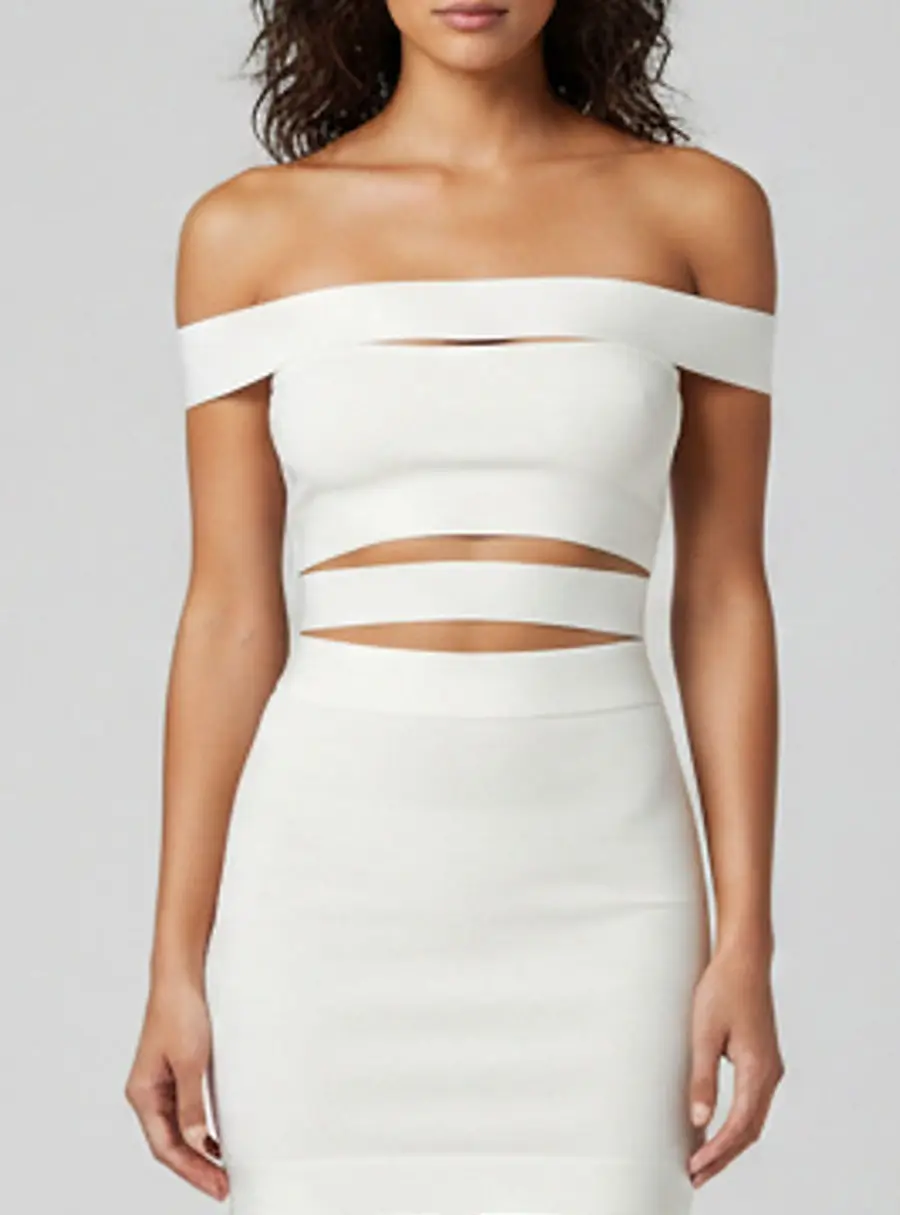 Balmain Off White Stretch Knit Cutout Off-Shoulder Top M
