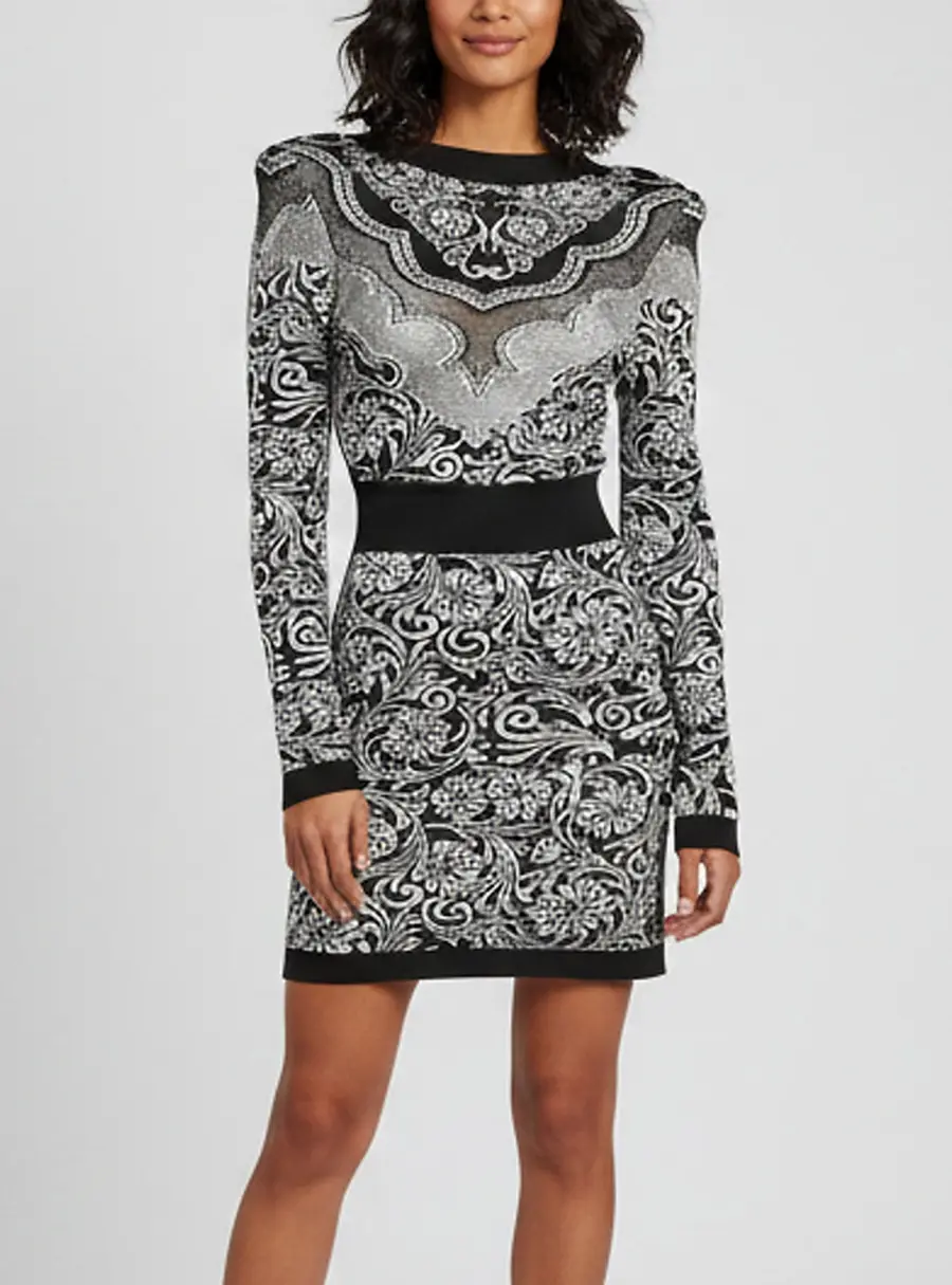 Balmain Black/White Printed Knit V- Neck Short Dress S