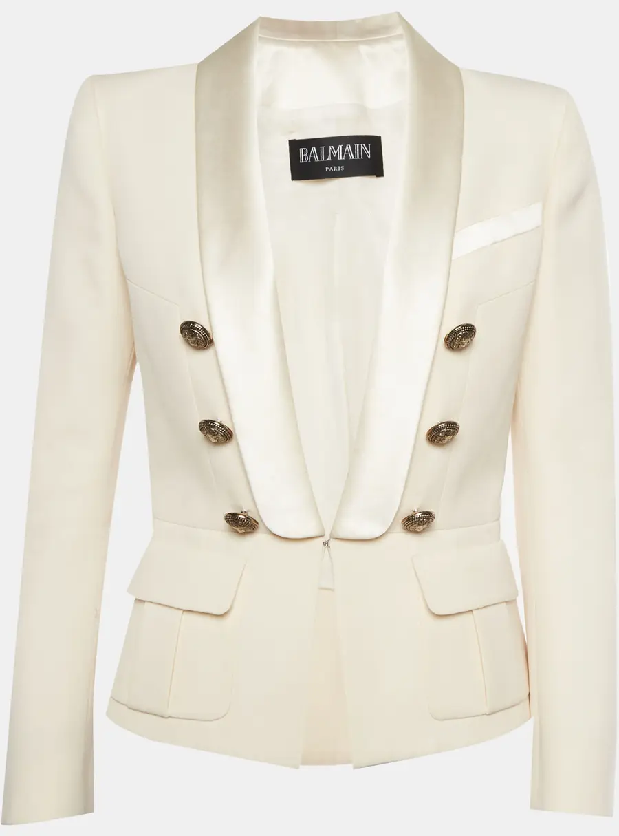 Balmain Cream Wool and Satin Trim Double Breasted Tuxedo Jacket M