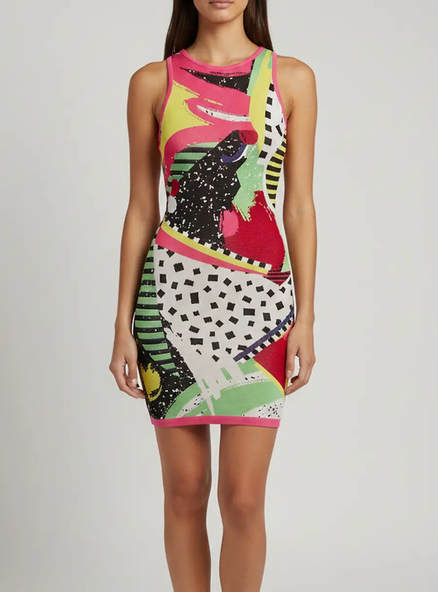 Balmain Multicolor Printed Knit Sleeveless Short Dress S