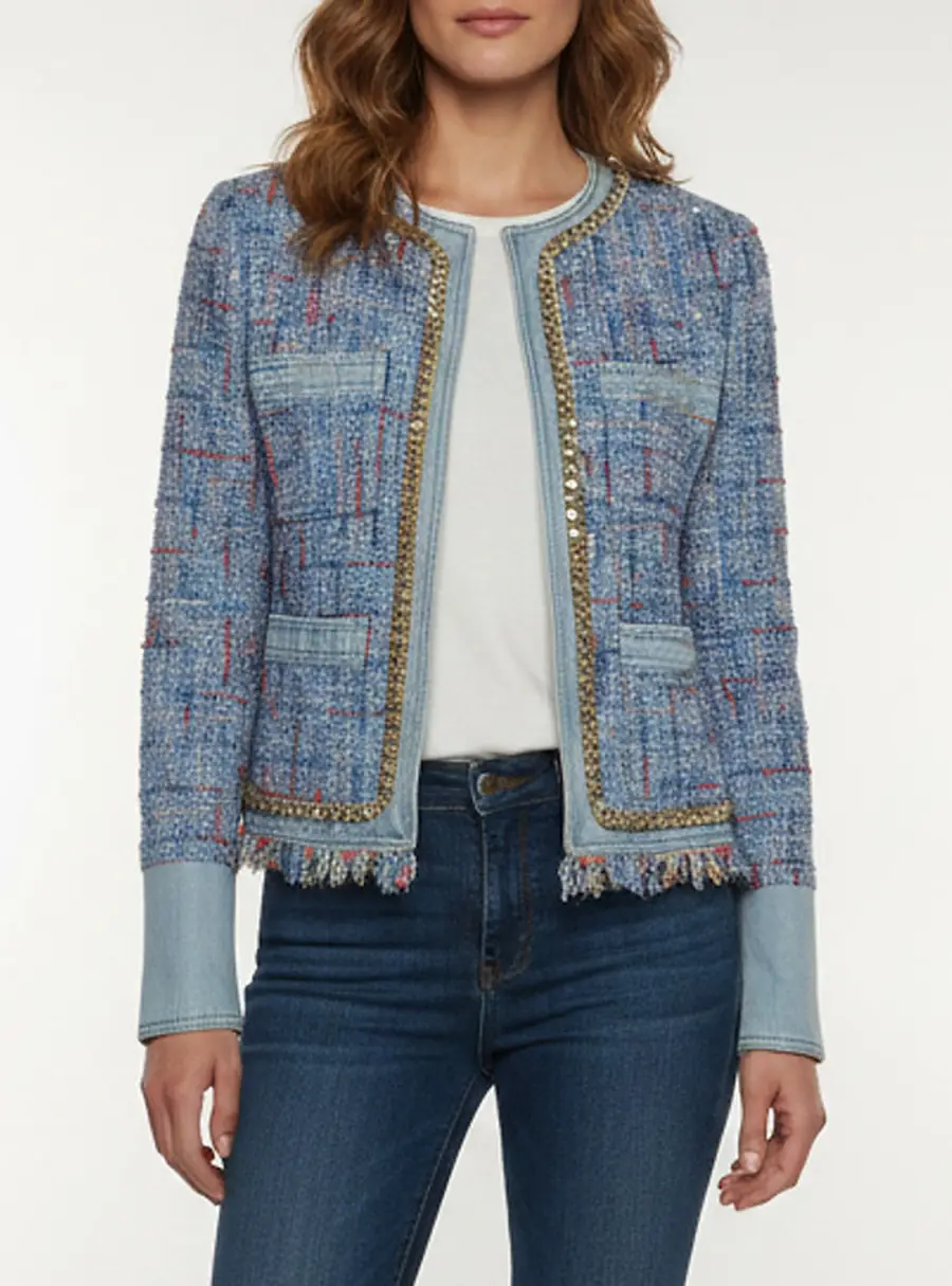 Balmain Blue Chain Embellished Tweed and Denim Trim Jacket S