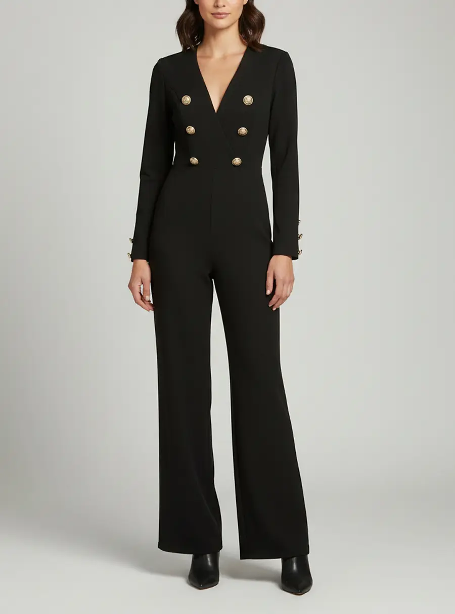 Balmain Black Wool Double-Breasted Flared Jumpsuit S