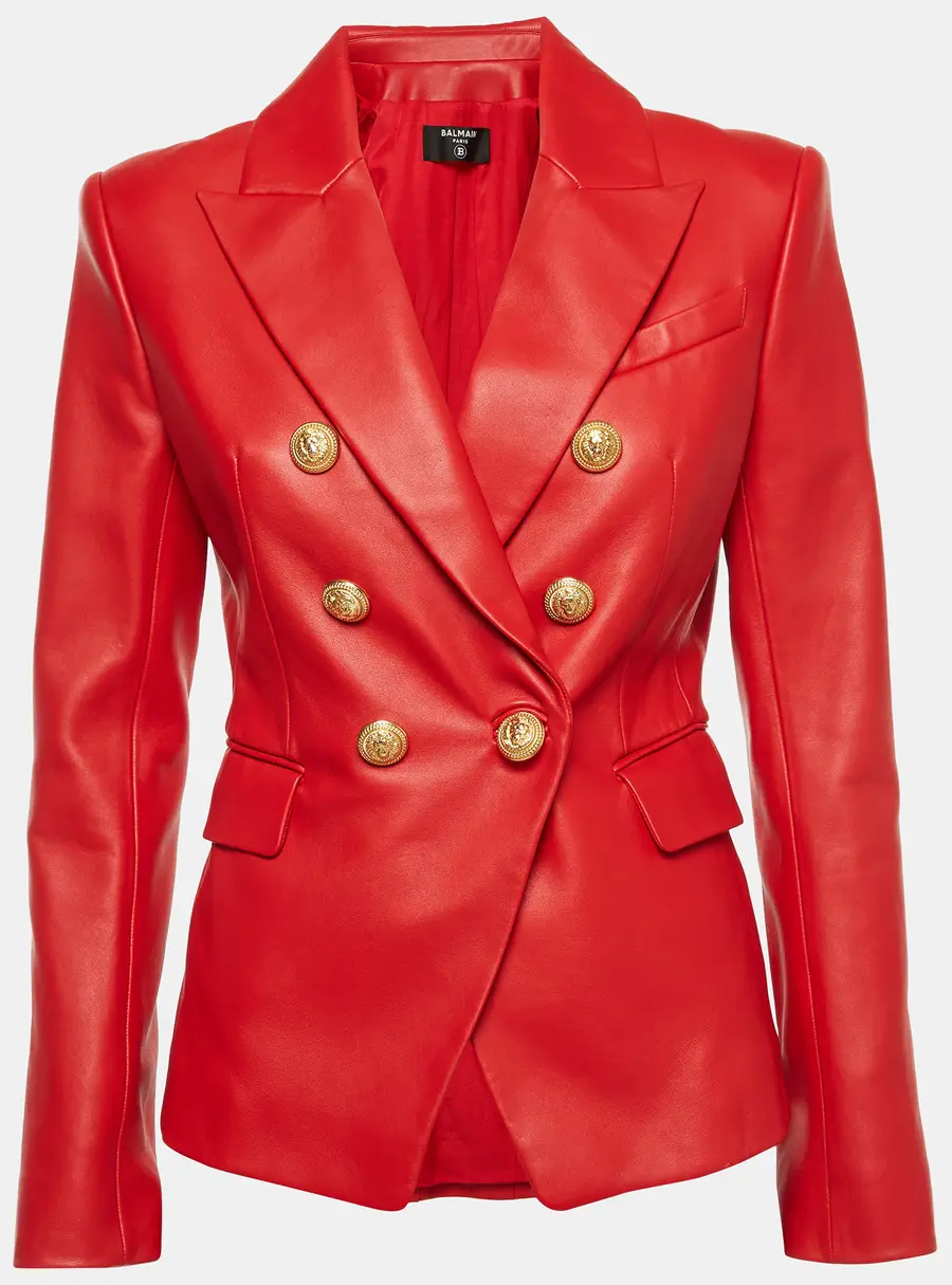 Balmain Red Leather Double Breasted Blazer M