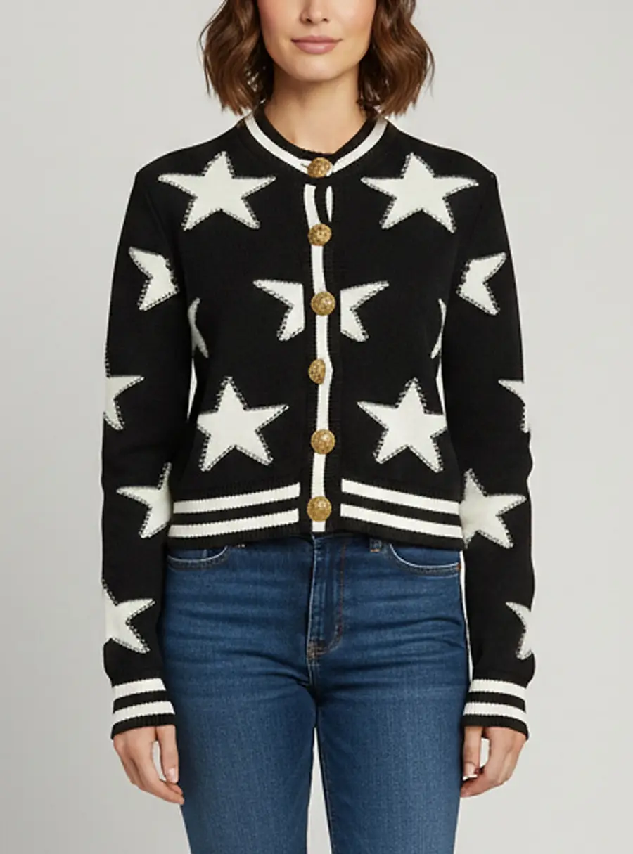 Balmain Black Star Print Knit Long Sleeve Cardigan S