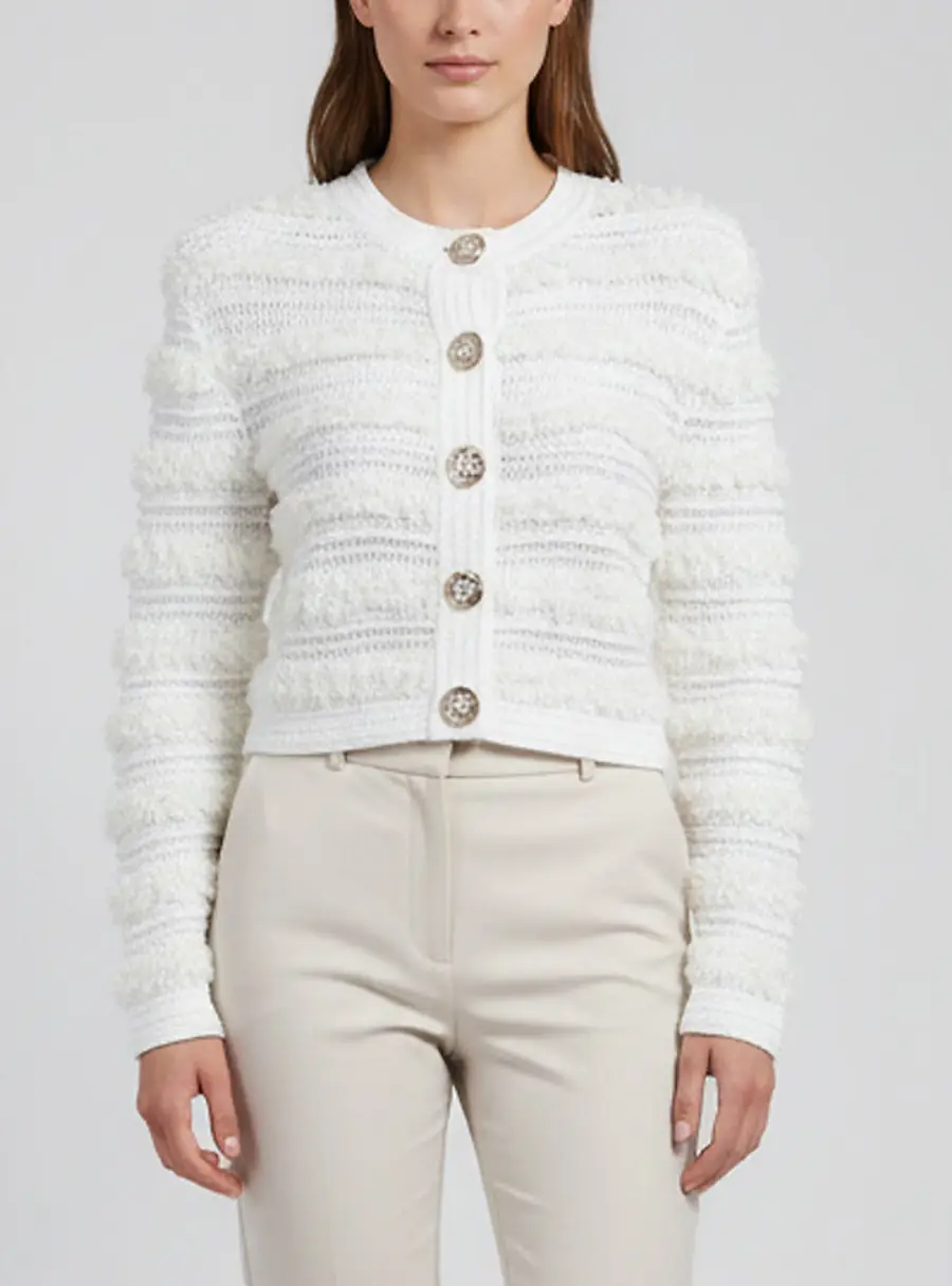 Balmain White Sequin Embellished Knit Button Up Cardigan S