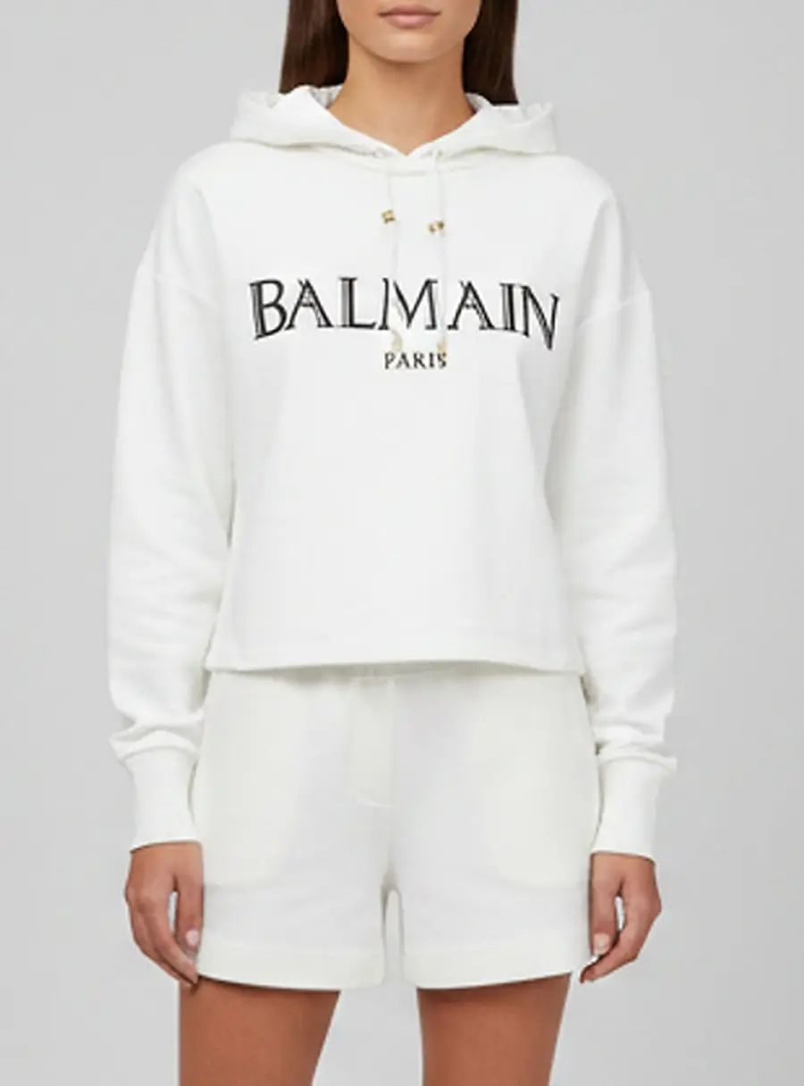Balmain White Jersey Logo Embossed Hoodie XS