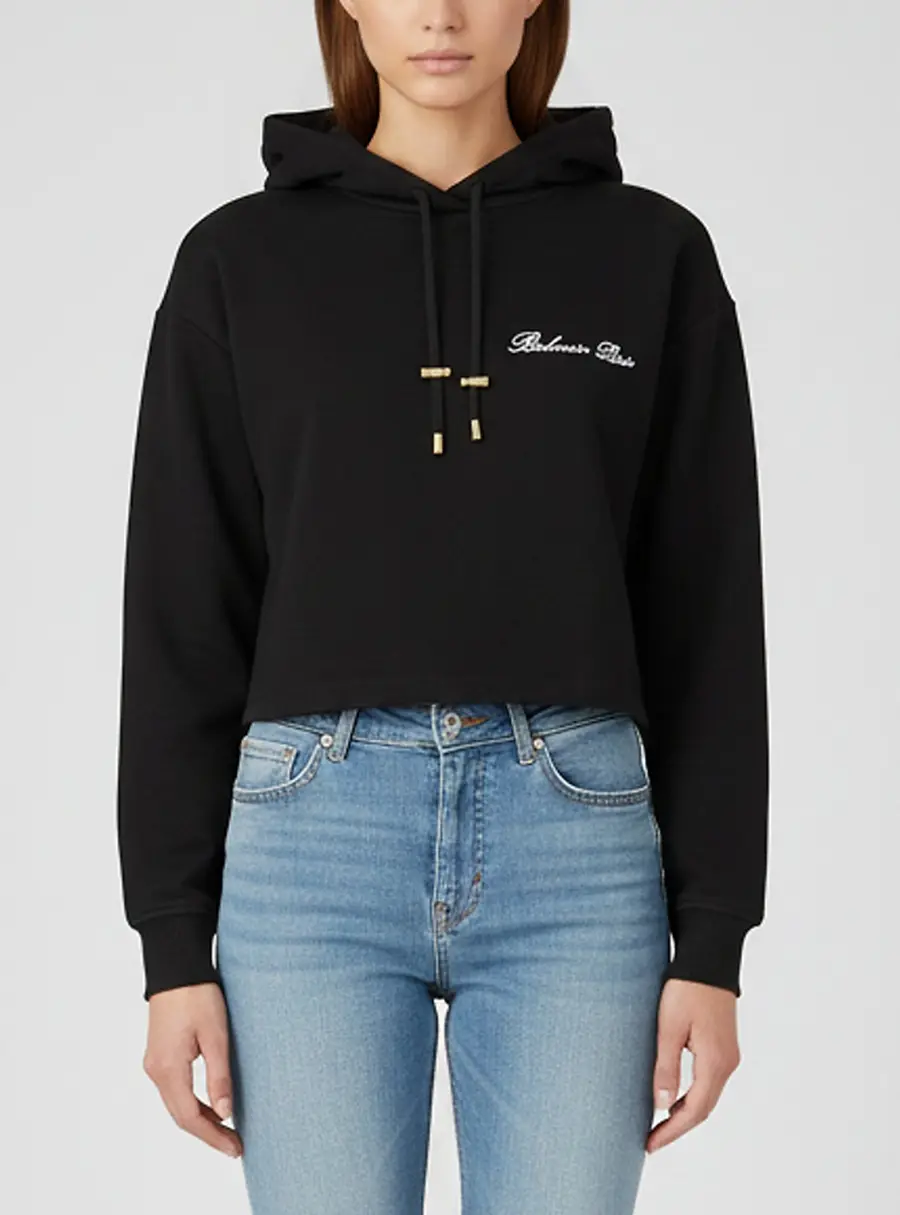 Balmain Black Jersey Cropped Hoodie XS