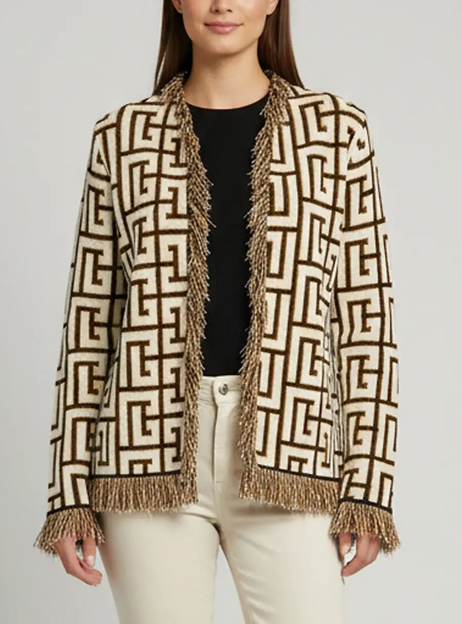 Balmain White Monogram Jacquard Knit Fringed Cardigan S