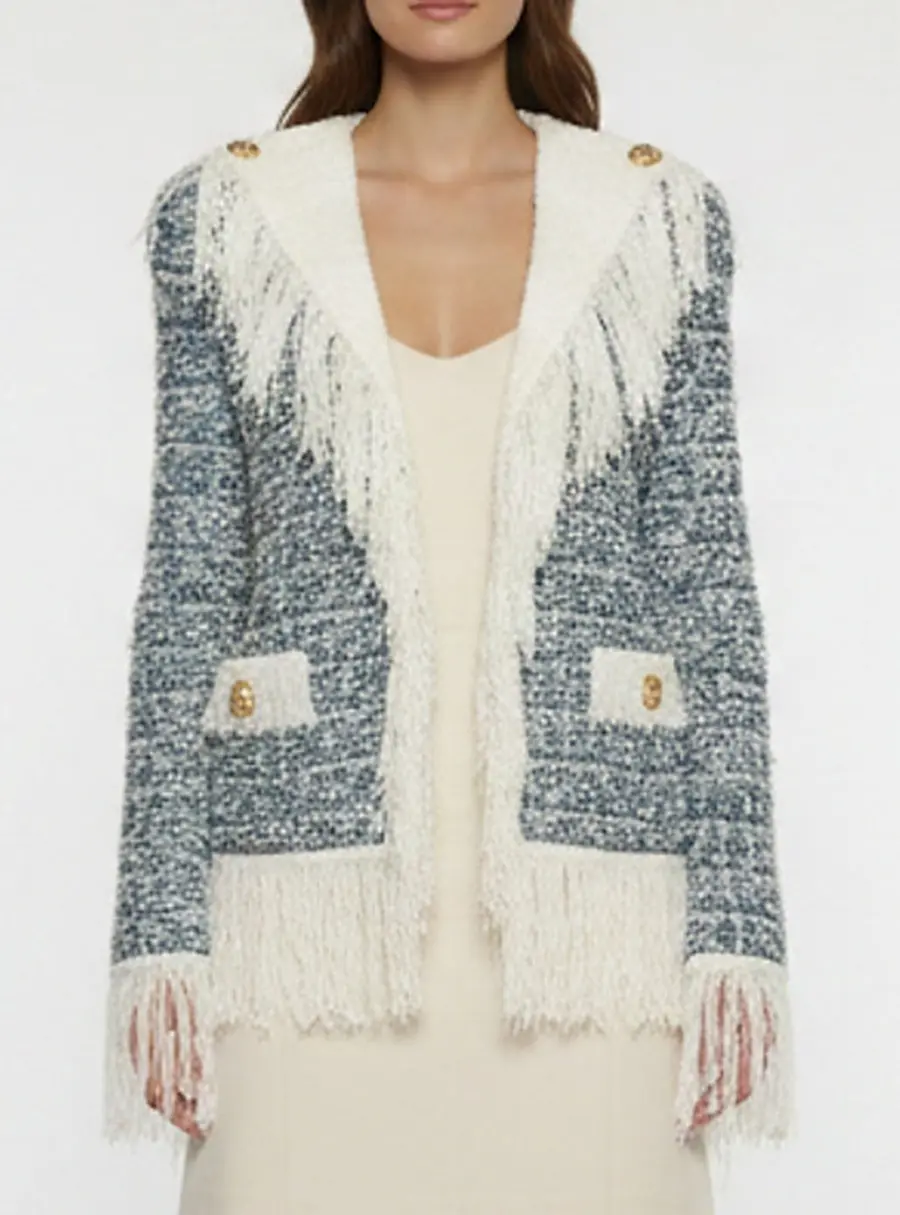 Balmain Blue Crystal Embellished Tweed Knit Fringed Jacket S