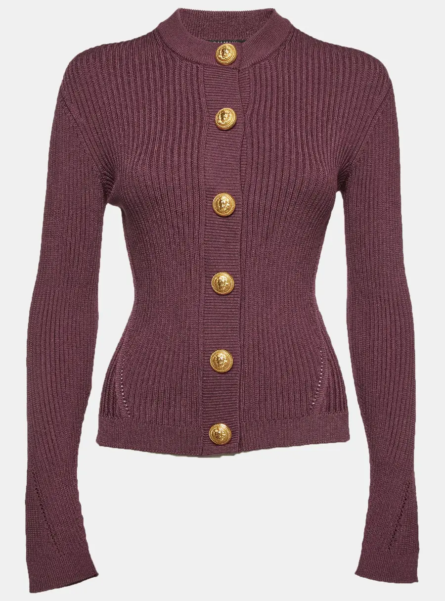Balmain Purple Rib Knit Button Up Cardigan S