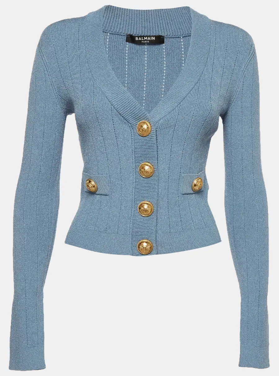 Balmain Blue Ribbed Pointelle Knit Cropped Cardigan S