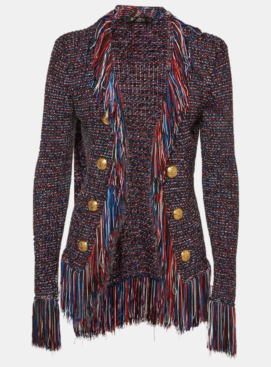 Balmain Multicolor Button Embellished Knit Fringed Jacket S
