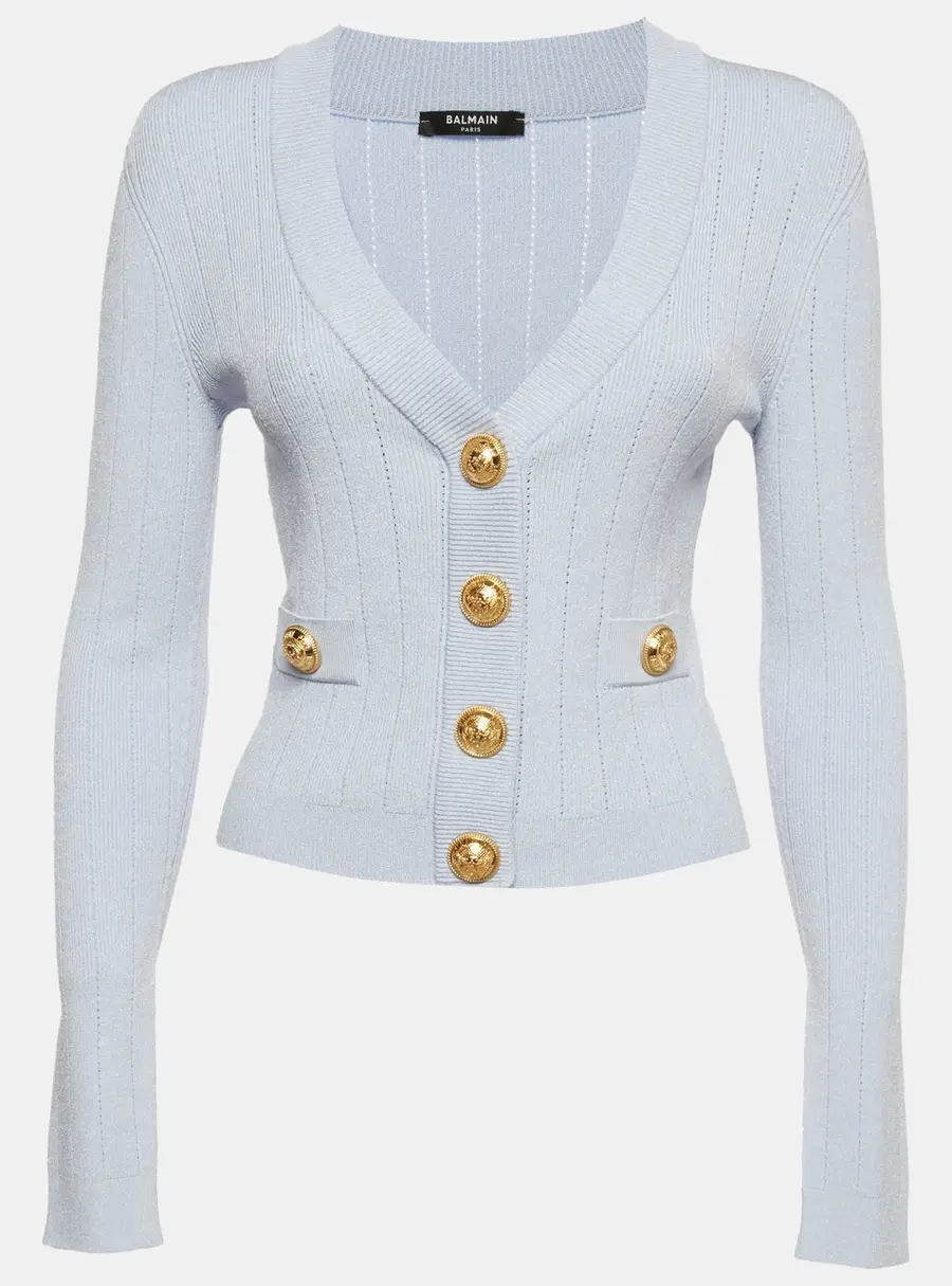 Balmain Blue Ribbed Pointelle Knit Cropped Cardigan S