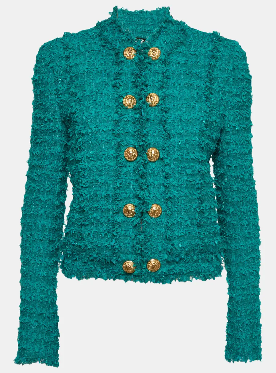 Balmain Teal Button Embellished Tweed Jacket M