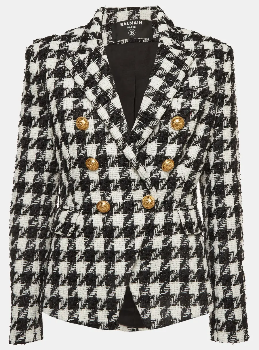 Balmain Monochrome Houndstooth Tweed Double Breasted Blazer M