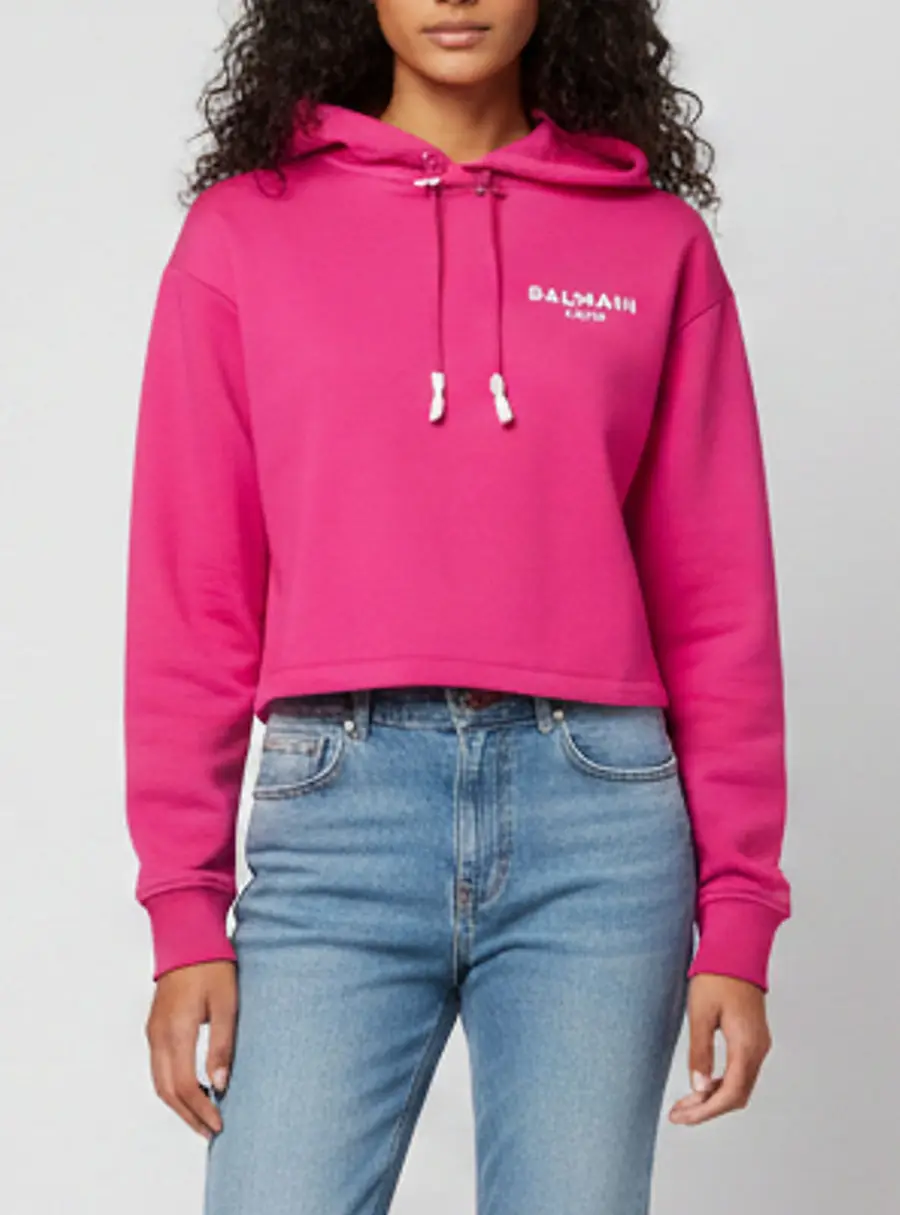 Balmain Pink Logo Print Jersey Cropped Hoodie XS