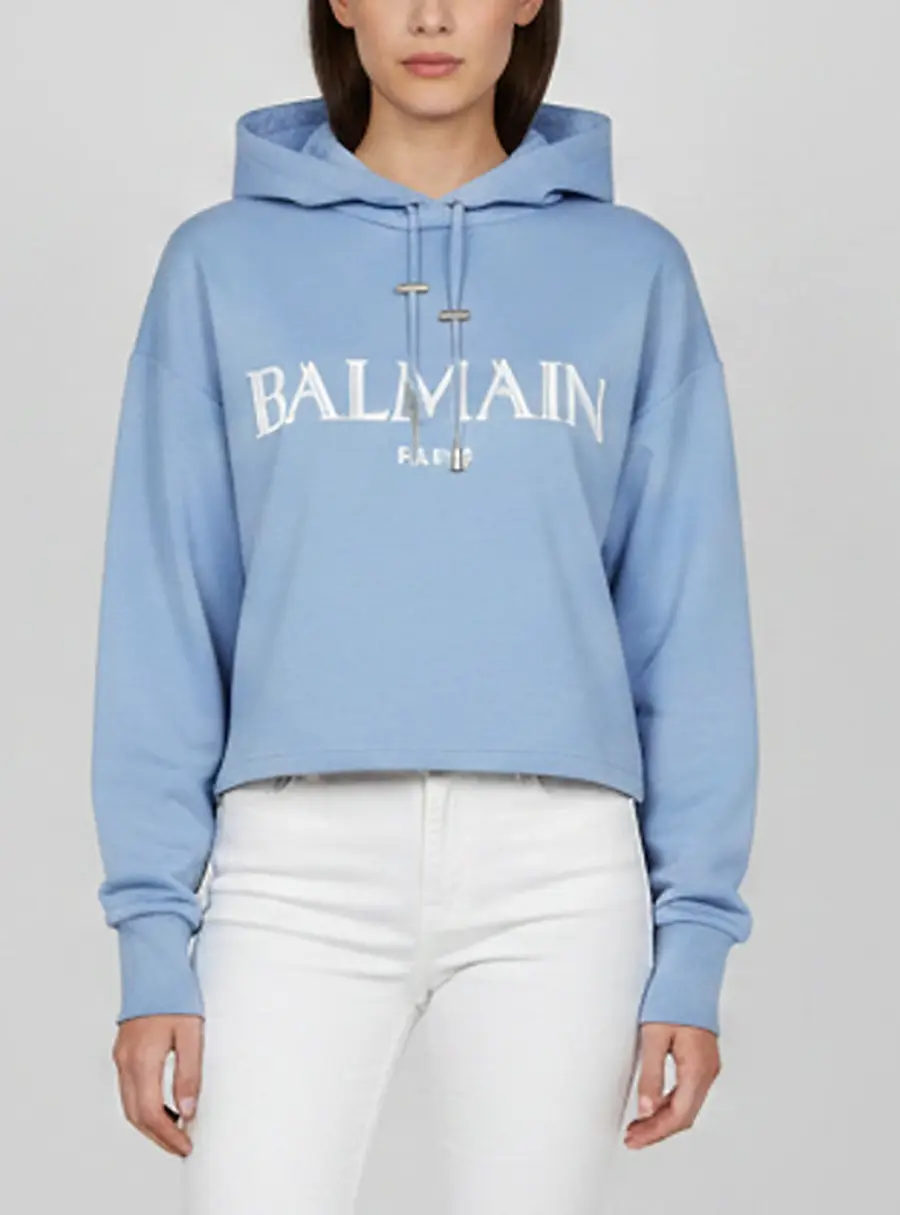 Balmain Blue Logo Detail Jersey Cropped Hoodie XS