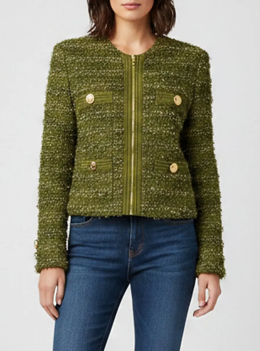Balmain Olive Green Textured Boucle Tweed Zip-Up Jacket S