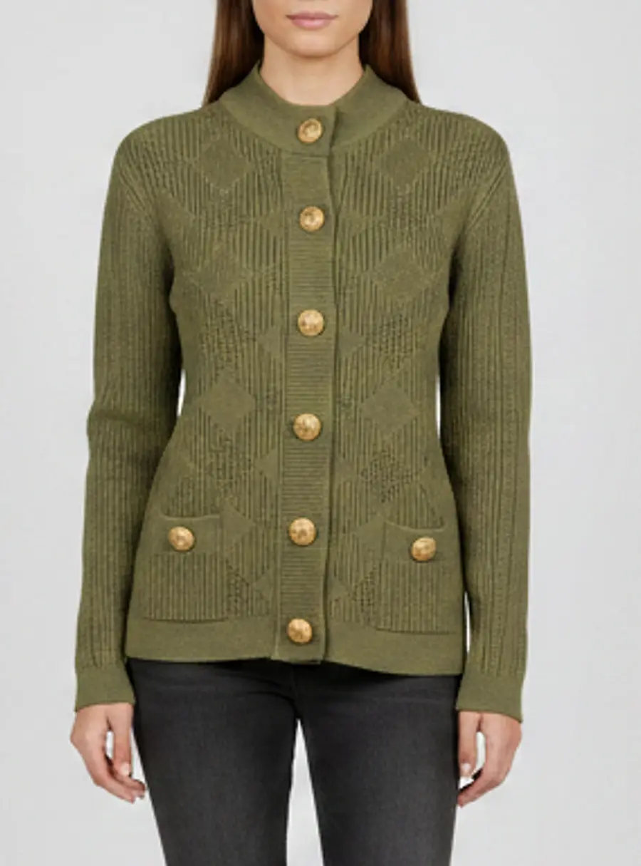 Balmain Green Button Embellished Gingham Knit Cardigan S