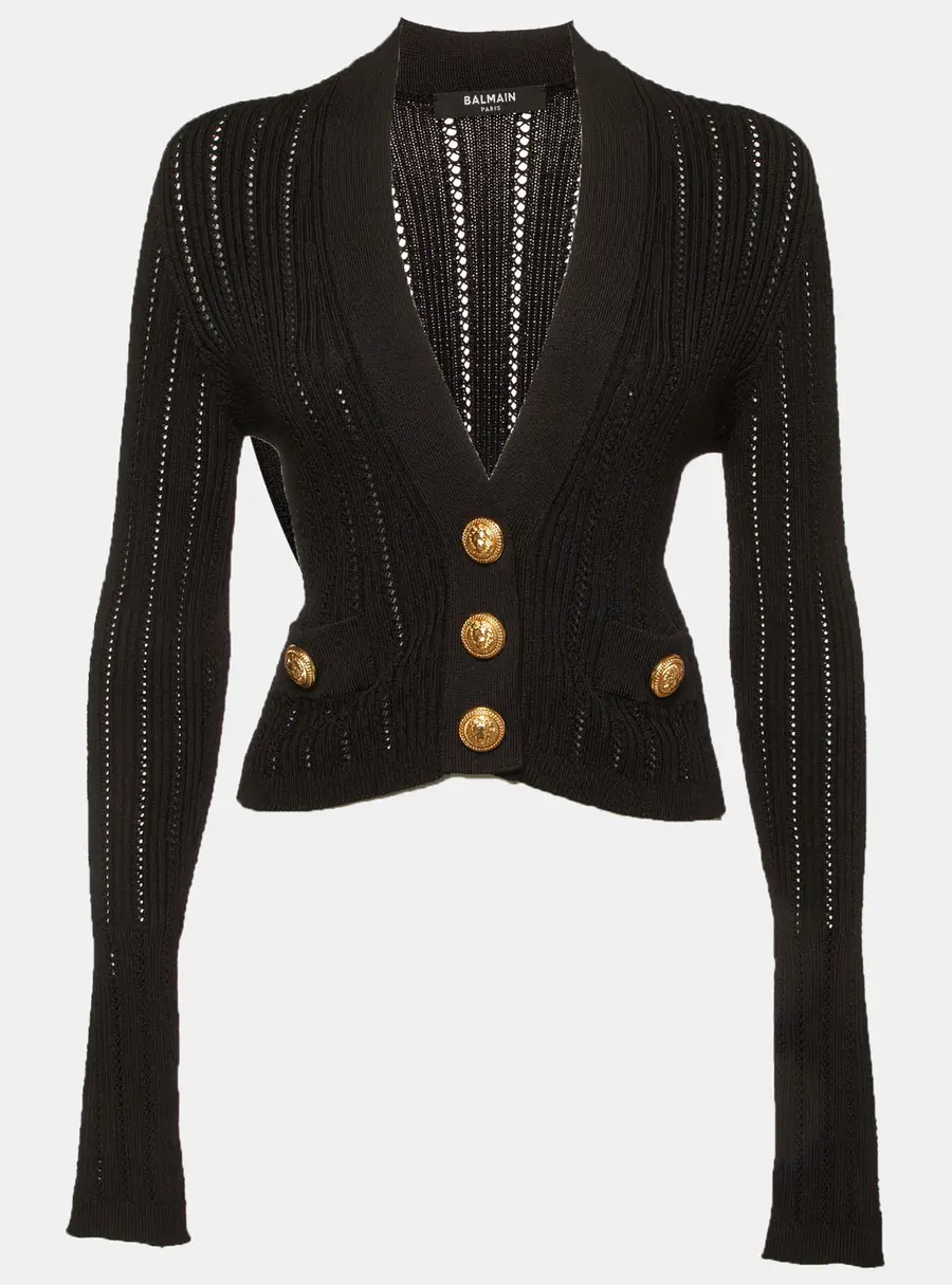 Balmain Black Pointelle Rib Knit V-Neck Cropped Cardigan S