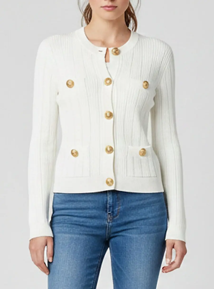 Balmain White Button Embellished Pointelle Rib Knit Cardigan S