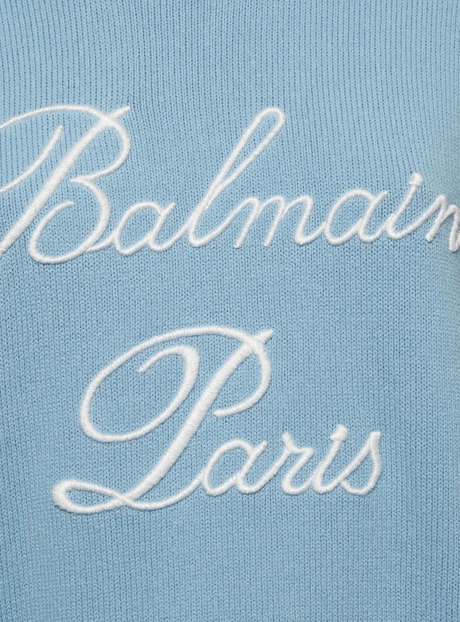 Balmain Light Blue Logo Embroidered Knit Pullover Sweater S