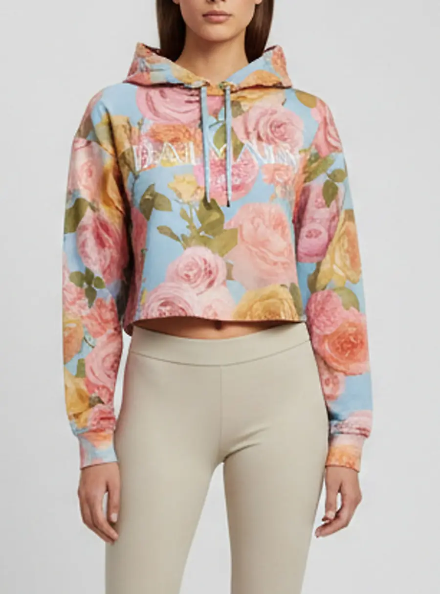 Balmain Multicolor Floral Print Jersey Cropped Hoodie XS