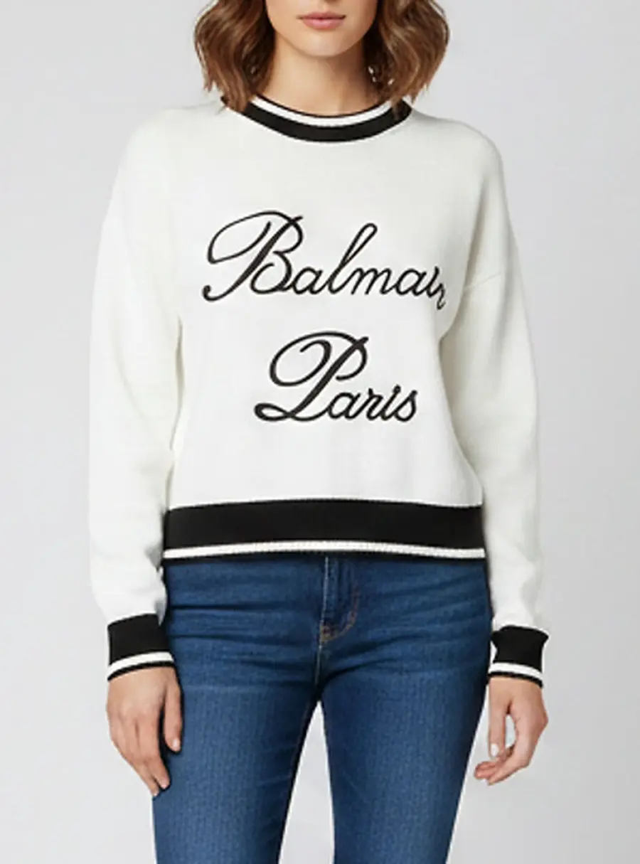 Balmain White/Black Logo Embroidered Knit Pullover Sweater S