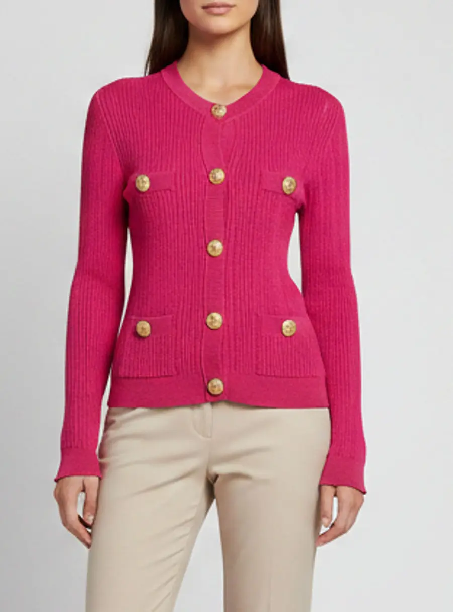 Balmain Pink Button Embellished Pointelle Rib Knit Cardigan S