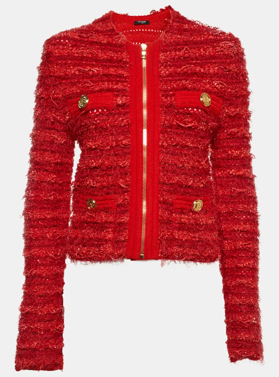 Balmain Red Button Embellished Tweed Knit Zip Up Jacket S