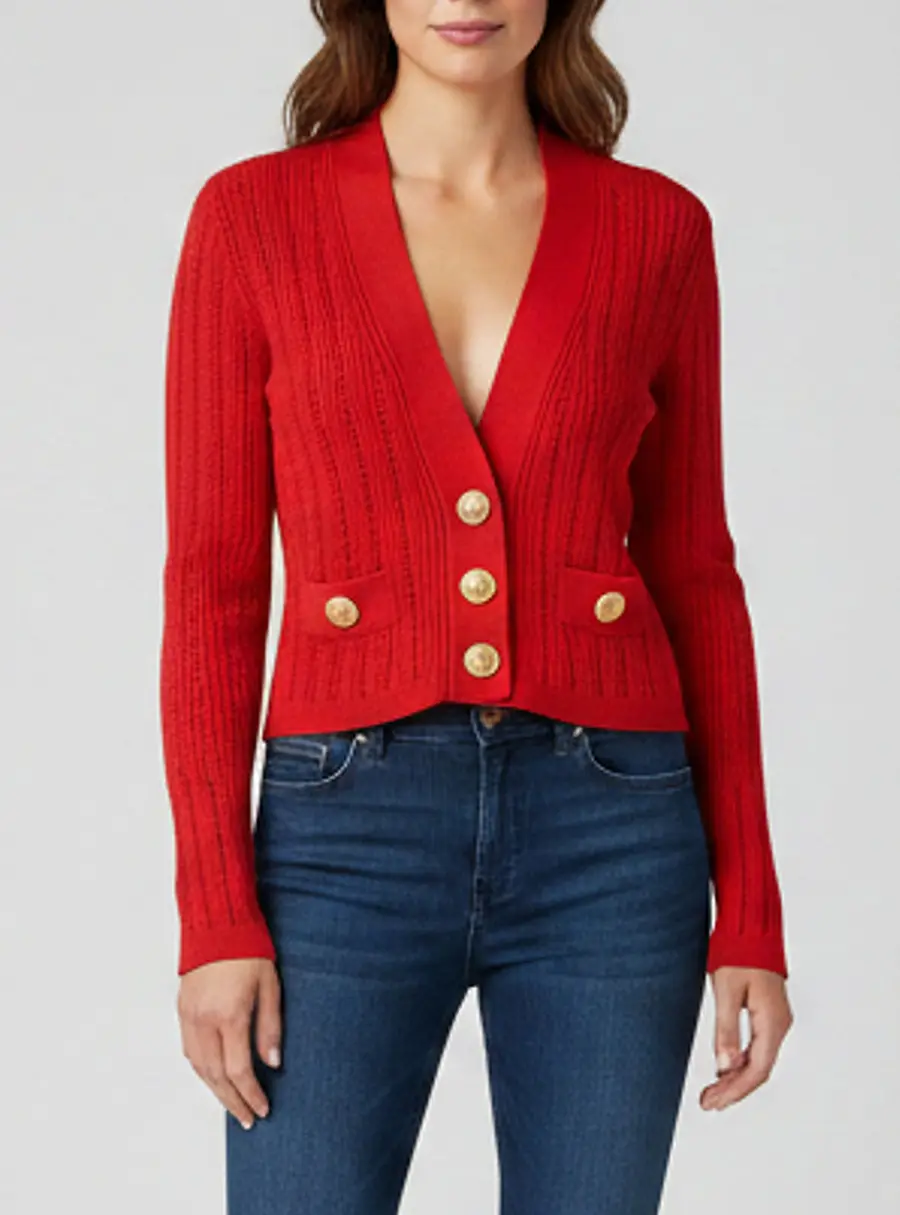 Balmain Red Pointelle Rib Knit V-Neck Cropped Cardigan S
