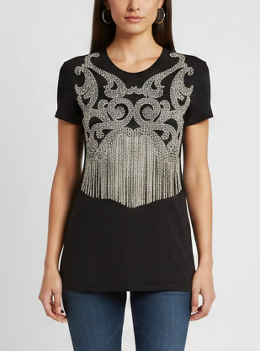Balmain Black Crystal and Bead Embellished Fringed Jersey T-Shirt S