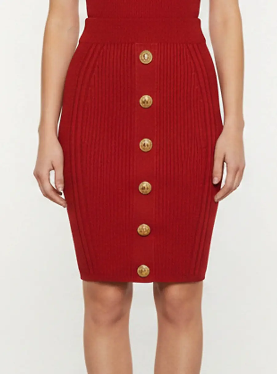 Balmain Red Rib Knit Embellished Short Skirt S