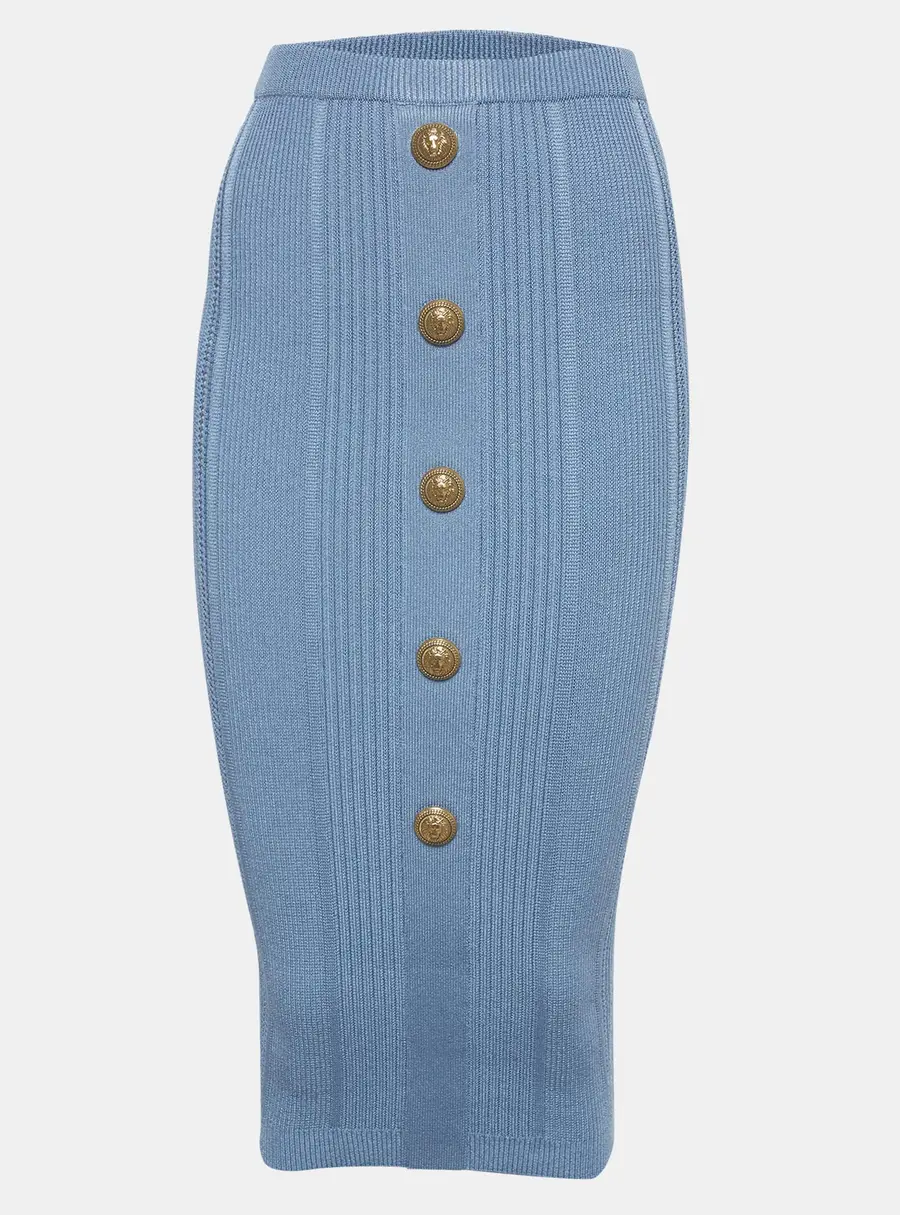 Balmain Blue Rib Knit Embellished Midi Skirt S